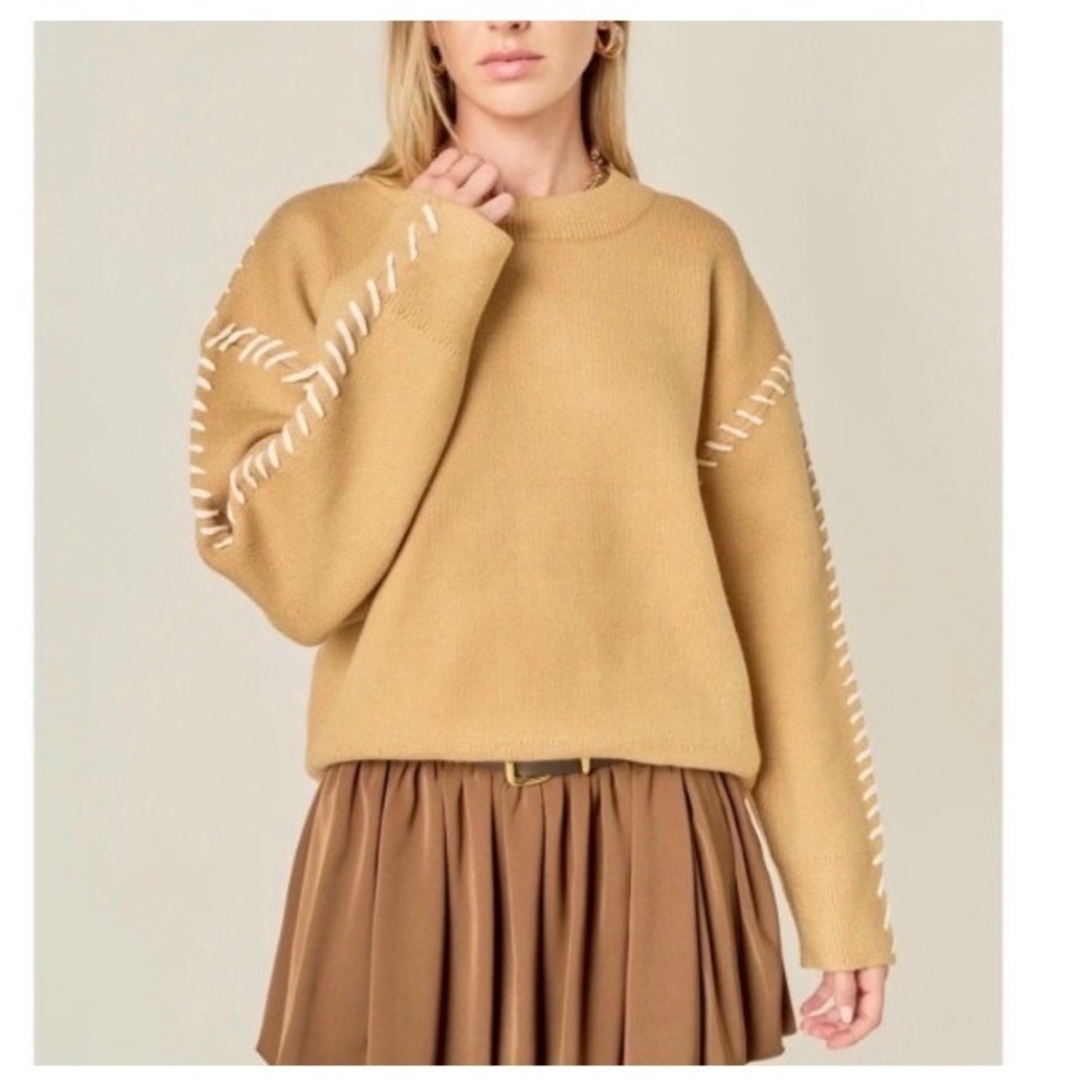 English Factory Whip Contrast Stitch Sweater‎ Camel Relaxed Fit Long Sleeve Sz S